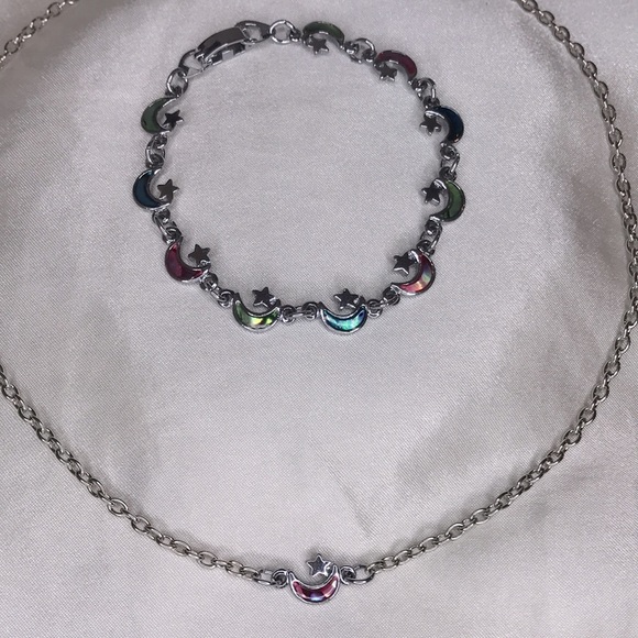 Galactic Star and Moon Abalone Shell Necklace and Bracelet Set - Picture 2 of 10
